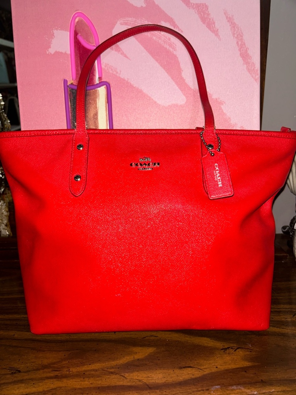 Coach Bright Red Leather Tote with Logo Tag